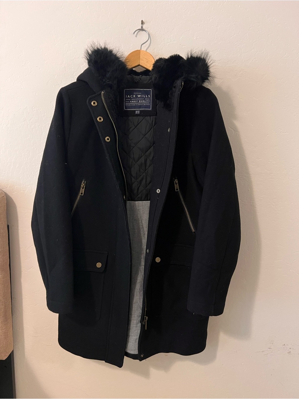 Jack Wills Women’s Black Wool Blend Hooded Coat with Faux Fur Trim